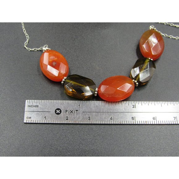 18" Sterling Silver Brown Glass And Orange Stone Necklace Vintage Minimalist - Picture 5 of 6